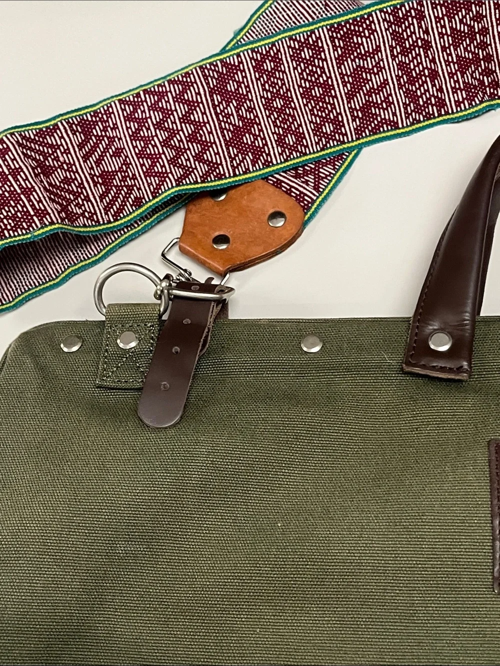 Line of Trade Olive Canvas Travel Bag with Leather Trim and Patterned Strap